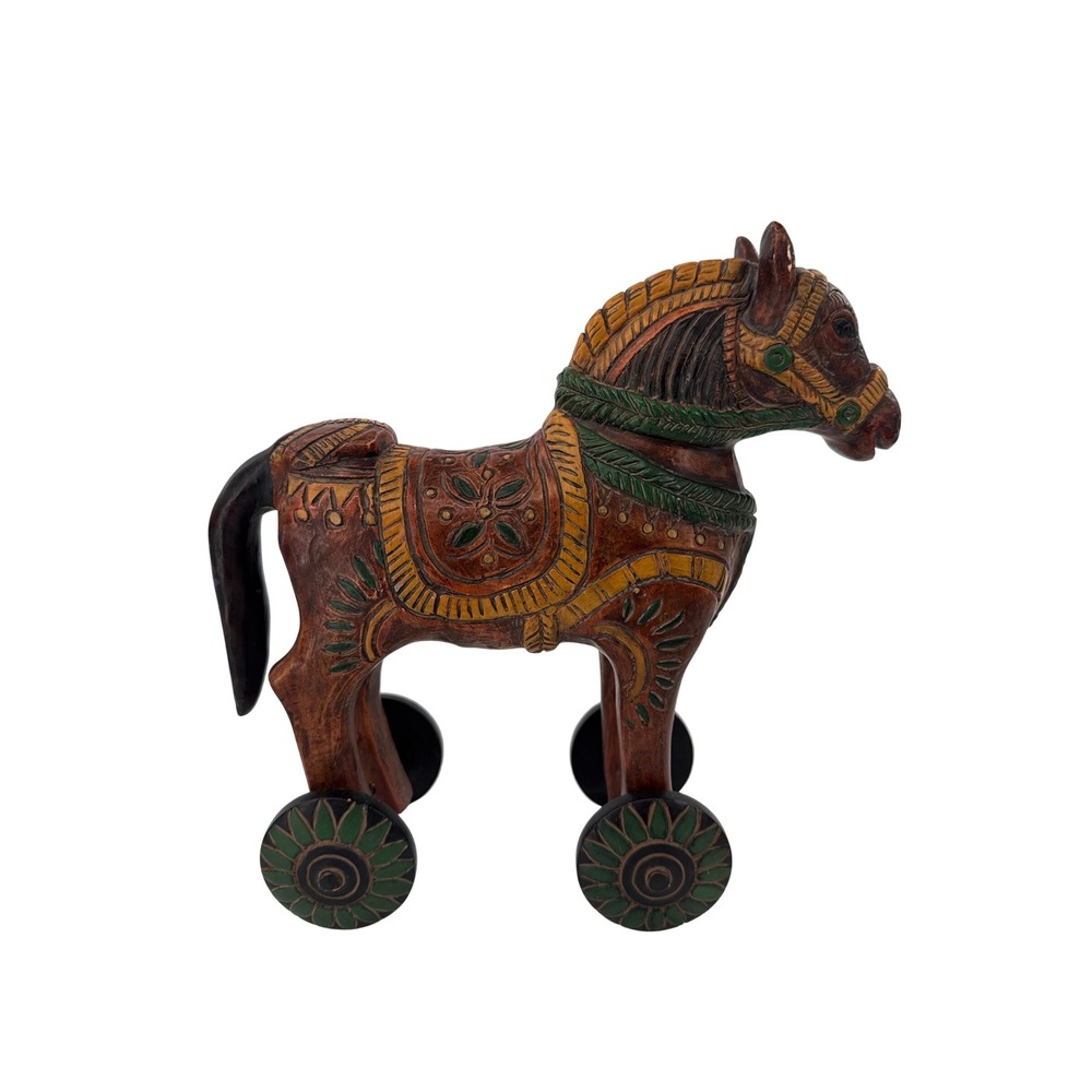 Wooden Horse Figurine Brown Rolling Toy Indian Folk Art Wood Carved Vintage